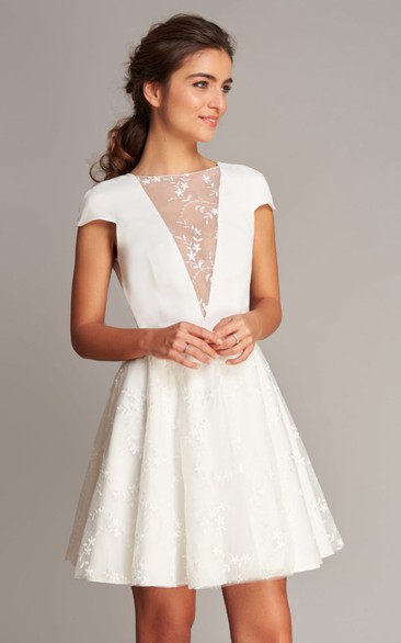 Casual Satin Lace Jewel Neck A Line Short Sleeve Short Length Wedding Dress with Deep-V Back 