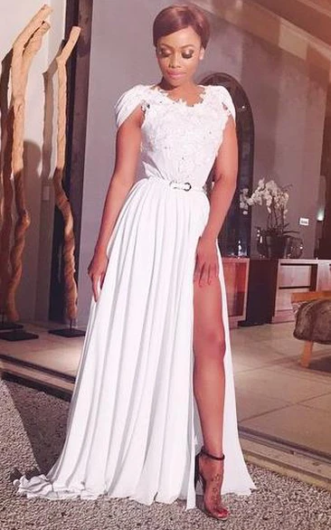 Sexy V-neck Cap Sleeve Chiffon Prom Dress With Front Split Appliques