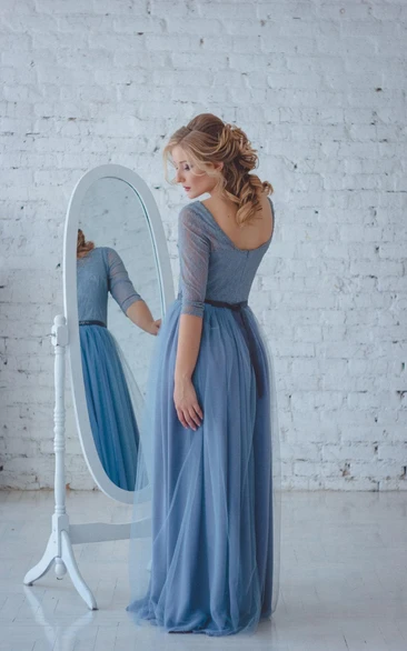 Half Sleeve Tulle Floor-Length Dress With Beading And Pleats