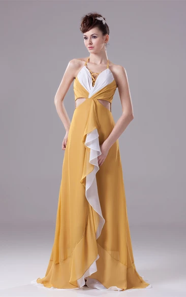 Appliques A-Line V-Neck Side Draping Gown with Side Keyhole and Brush Train