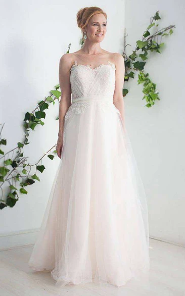 Illusion Sleeveless Tulle Sweetheart A-Line Wedding Dress With Appliques