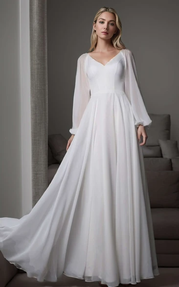 Simple Romantic Women's Long Sleeve A-Line Maxi Wedding Dress Formal Fall Flowy V-Neck Zipper Back Petite Floor Length Reception Bridal Gown