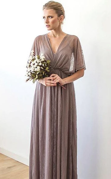 V-neck Lace Short Sleeve Dress With Lining