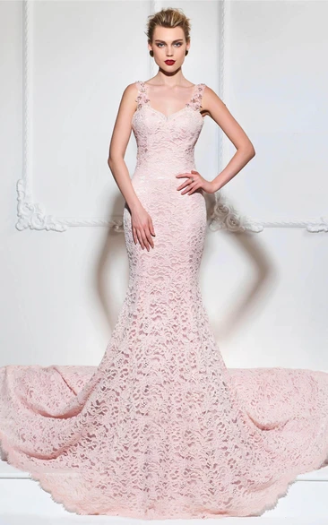 Sexy Mermaid Lace Gown With Floral Appliqued Straps And Open Back