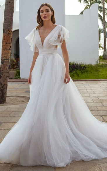 Casual Beach A-Line Tulle Wedding Dress With V-neck And Low-V Back