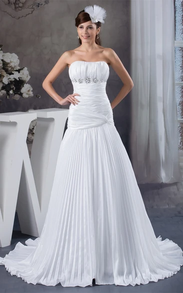 Strapless Pleated A-Line Dress with Beading and Ruched Top