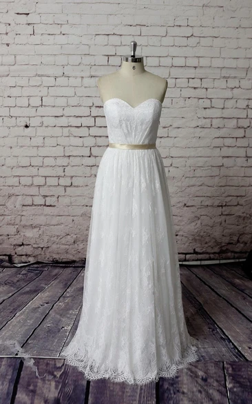 Sweetheart Long Lace Bridal Gown With Satin Belt