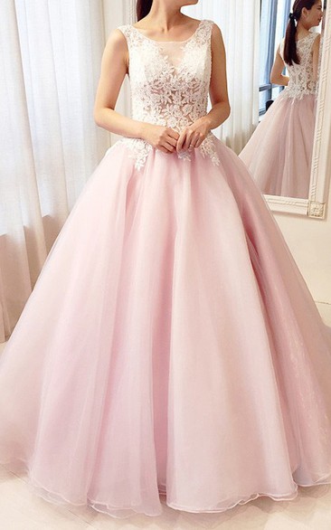 Simple Ball Gown Lace Tulle Scoop Sleeveless Formal Dress with Ruffles