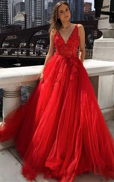Elegant Ball Gown V-neck Lace Tulle Sleeveless Formal Dress With Appliques Beading
