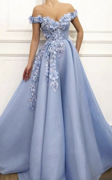 Stunning Off-the-shoulder Floral Appliqued Ball Gown Dress With Beading