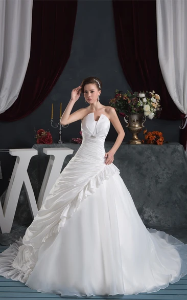 Strapless Side-Ruched Ball Gown with Broach and Flower