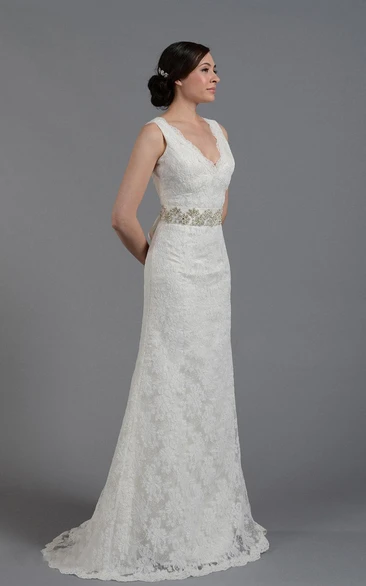 Elegant V-Neck Long Lace Wedding Gown With Beading