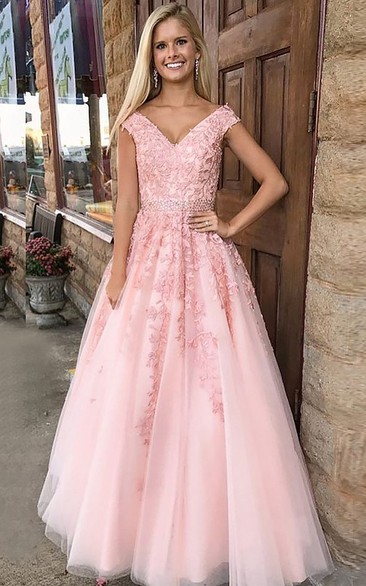 Adorable A Line Tulle Straps V-neck Sleeveless Prom Dress with Beading