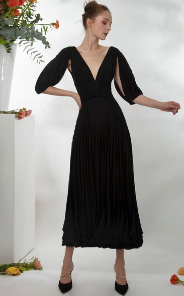 Elegant Plunging Neckline Half Sleeve Ankle-length A Line Prom Dress With Pleats