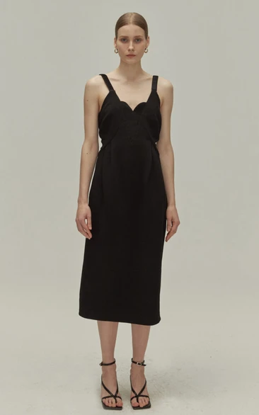 Simple Straps Sleeveless Tea-length Jersey Pencil Cocktail Dress with Split Back