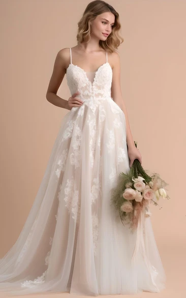 Simple A-Line Spaghetti V-neck Tulle Sleeveless Wedding Dress Casual Romantic Elegant Floor-length Country Garden