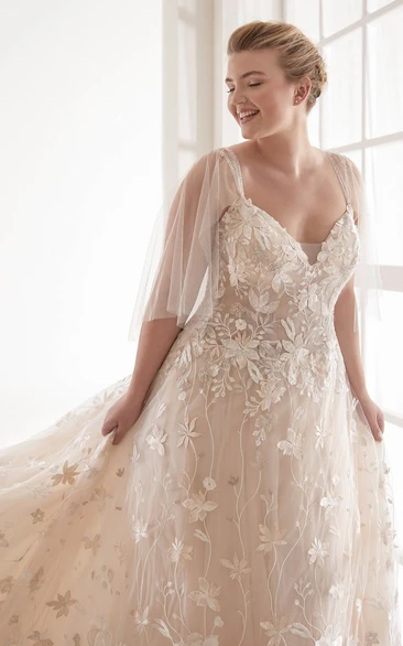 Lace Luxury Sexy V-neck Plus Size Wedding Dress With Illusion Tulle Sleeves And Chapel Train