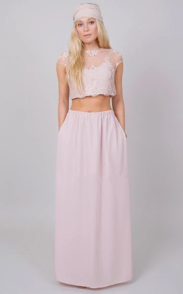 Two Piece Chiffon Dress With Lace Illusion Top