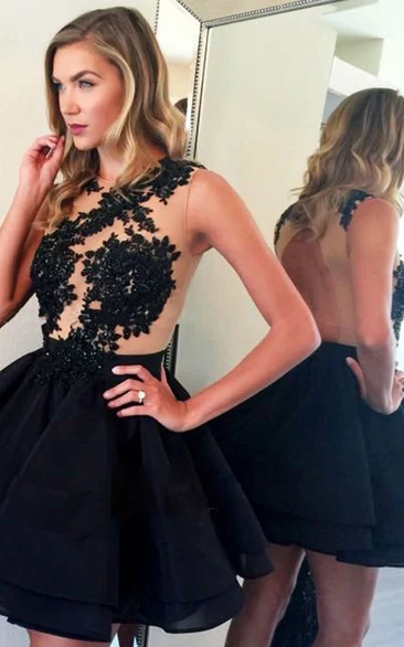 Casual A Line Tulle Jewel Sleeveless with Appliques and Ruffles Homecoming Dress