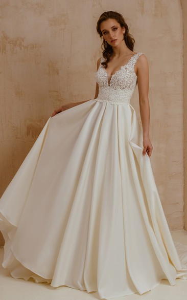 Modern Satin Lace V-neck A Line Short Sleeve Wedding Dress with Pleats and Low-V Back