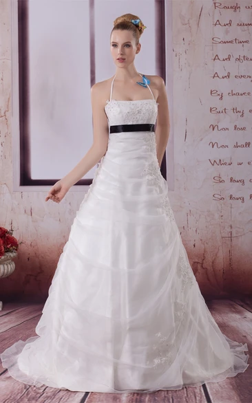 Sleeveless Ruched Ball Gown with Halter and Appliques