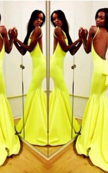 Sexy Backless Yellow Mermaid Prom Dresses Sleeveless Spaghetti Straps Evening Gowns