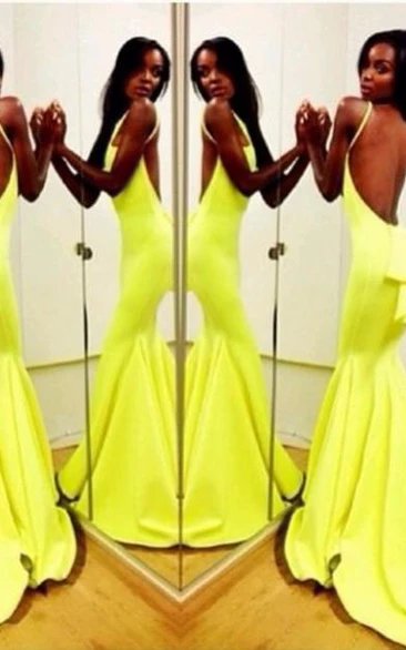 Sexy Backless Yellow Mermaid Prom Dresses Sleeveless Spaghetti Straps Evening Gowns