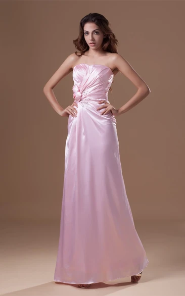 Strapless Satin Ankle-Length Dress with Flower and Beading