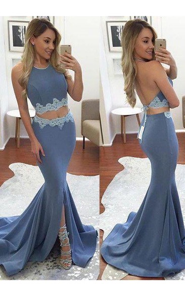 Sexy Two Pieces Mermaid Evening Long Backless Party Dress