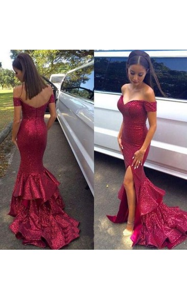 Sexy Off Shoulder Sparkle Red Sequined Mermaid Prom Dress