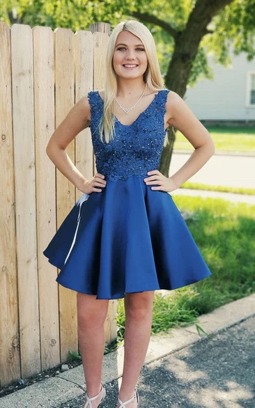 Romantic A Line V-neck Satin Homecoming Dress With Appliques And Open Back