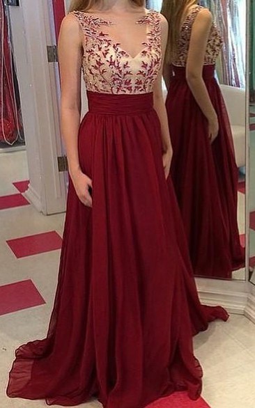 Gorgeous Burgundy Sleeveless Prom Dresses Long Chiffon Appliques Party Gowns