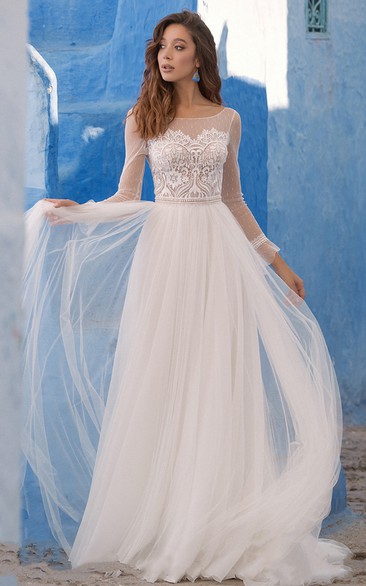 Ethereal A Line Bateau Lace Floor-length Wedding Dress with Ruching