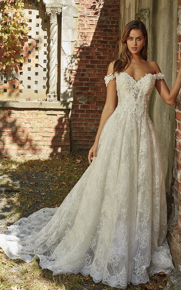 Adorable Sweetheart Off-the-shoulder A-line Wedding Gown With Lace Appliques And Open Back