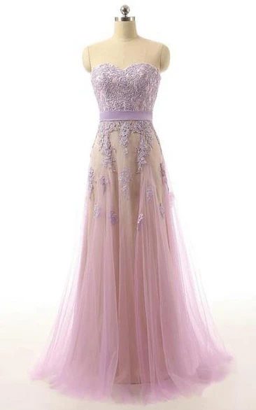 Sweetheart A-line Long Tulle Dress with Lace Appliques