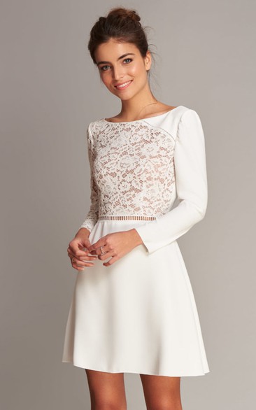 Modern A Line Satin Long Sleeve Illusion Wedding Dress with Lace