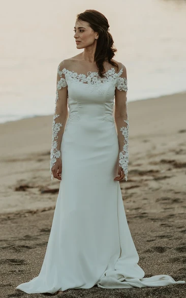 Satin Sheath Off-the-shoulder Casual Beach Wedding Dress With Appliques And Illusion Back