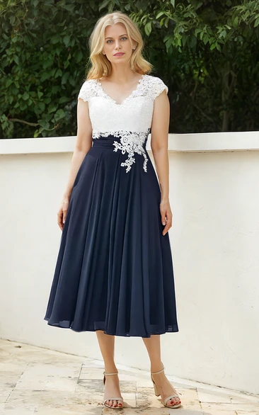 A-Line V-neck Lace Appliques Chiffon Petite Tea-length Sexy Elegant Short Cap Sleeve Mother of the Bride Guest Dress