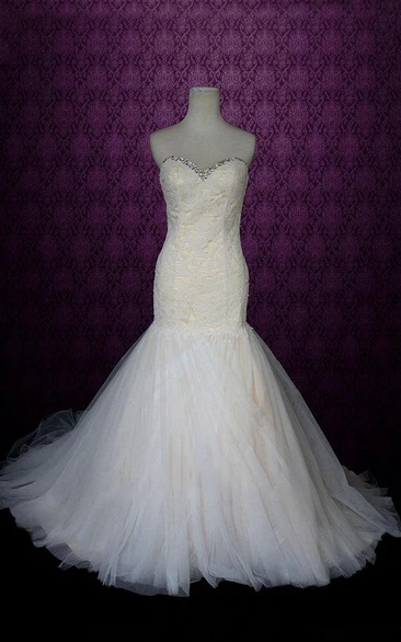 Sweetheart Neck Lace-Up Back Mermaid Tulle Wedding Dress With Crystal Detailing
