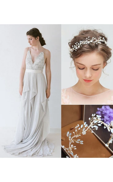 Romantic Double Strap Long A-Line Chiffon Wedding Dress and Shell Flower White Rhinestone Hair Band Ear Clip Set
