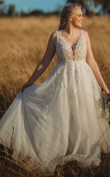 Bohemian A-Line V-neck Lace Wedding Dress with Beach Appliques Sequins Low-V Back