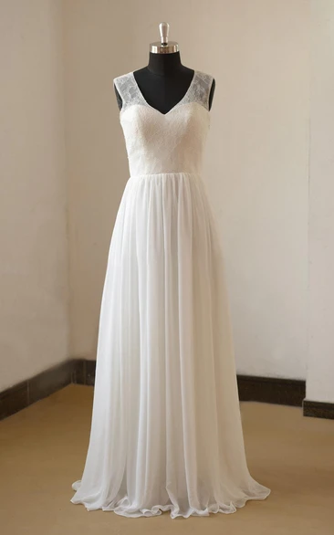 Destination A-Line V-Neck Sleeveless Chiffon Wedding Dress With Lace Bodice