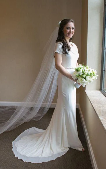 Cowl Short Sleeve Sheath Jersey Wedding Dress With Sash And Button Back
