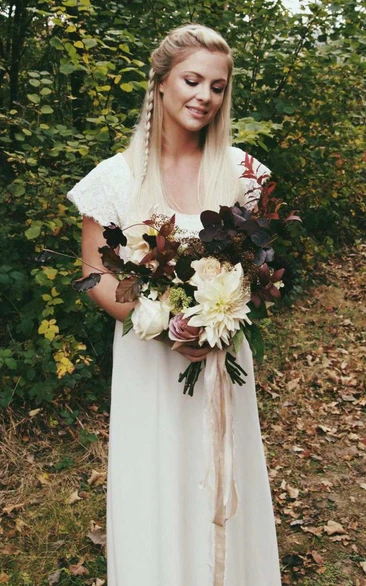 V-Neck Short Sleeve Chiffon Wedding Dress With Lace And Bow