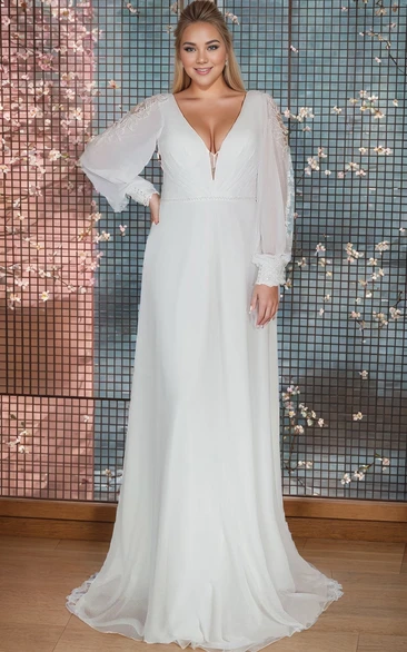 Sexy Plus Size Long Sleeve A-Line White Wedding Dress Elegant Floor Chiffon Plunging Neckline Tied Back Gown