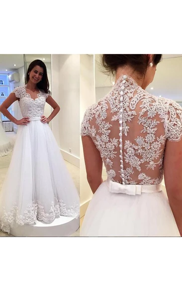 Dreamy Cap Sleeve Lace Wedding Dress Zipper Button Back Bridal Gowns