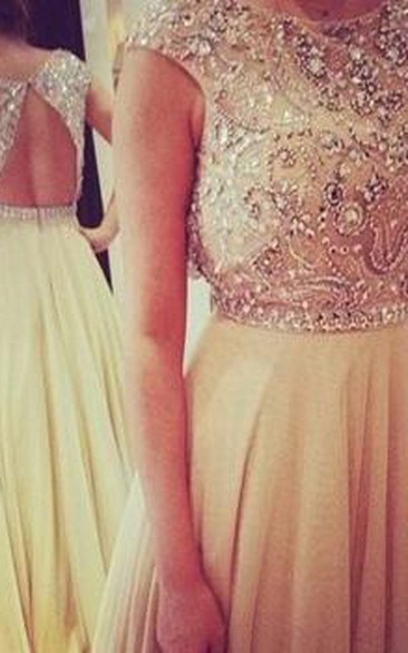 Long Elegant Sleeveless Prom Dress Chiffon Scoop Evening Gown With Beadings and Crystals