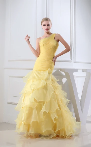 One-Shoulder Ruffled A-Line Gown with Ruching and Tiers