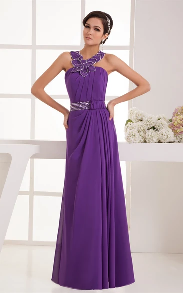 Chiffon Pleated Maxi Dress with Beading and Floral Embellishment