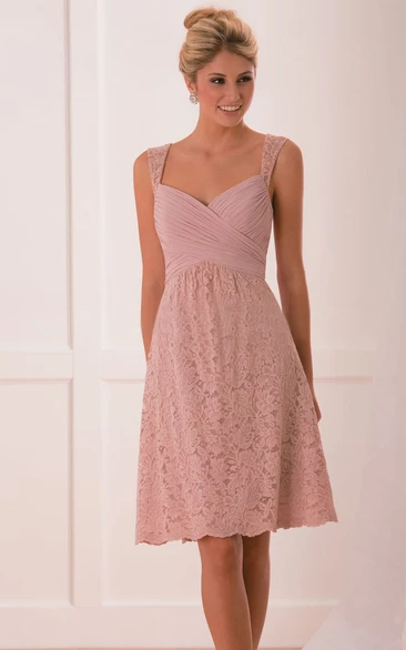 Cap-Sleeved A-Line Short Lace Bridesmaid Dress With Crisscross Ruches